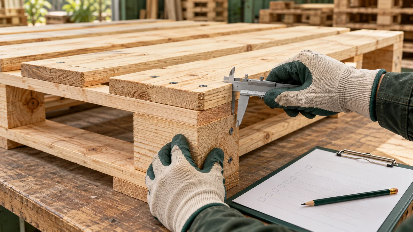 Ảnh minh họa bằng AI: kiểm tra cấu kiện pallet với dụng cụ đo.